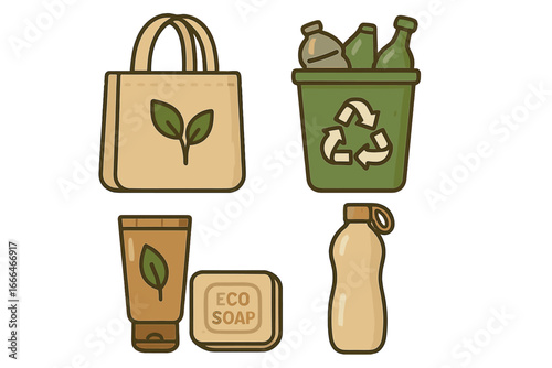 Eco friendly & zero waste lifestyle icon set. Sustainable living items. Reusable bag, bottle, eco soap & recycling bin. Environmentally conscious concept vector cartoon.