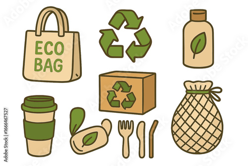 Items for sustainable living with reusable bag, recycled materials, and eco-friendly products. Zero waste lifestyle concept for conscious consumption. Vector cartoon icon set.