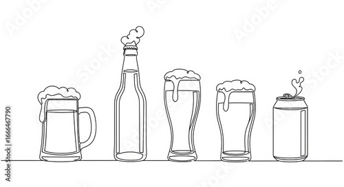 Beer glasses, bottle and can drawn with one continuous line on white background