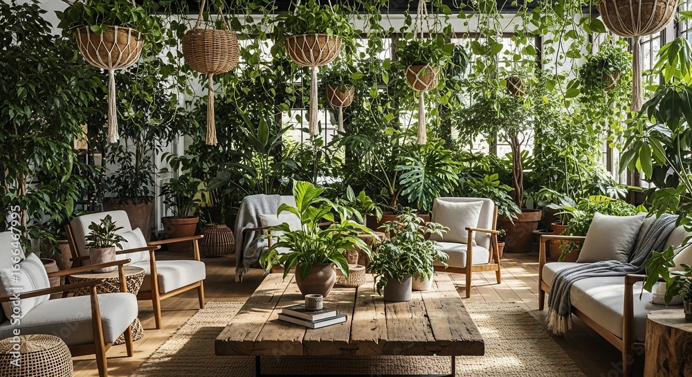 Obraz premium Harmonious indoor oasis a lush interior space with abundant greenery comfortable seating and natural light creating a serene and inviting atmosphere with a focus on plant life and design harmony
