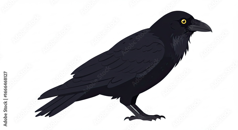 Fototapeta premium Black Raven Standing on White Background Cartoon Vector Illustration