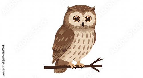 Brown Owl Perched on Tree Branch Isolated on White Background