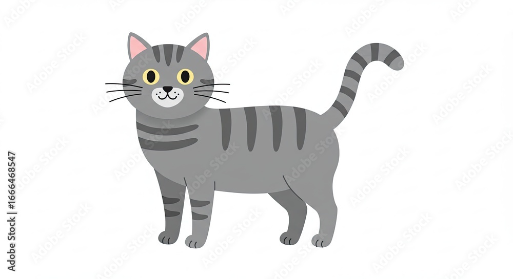 Fototapeta premium Gray Striped Cat Standing on White Background with Flat Style