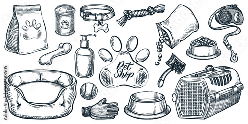 Pet shop vector sketch illustration. Design elements for veterinary clinic, pet store, packaging, poster, banner