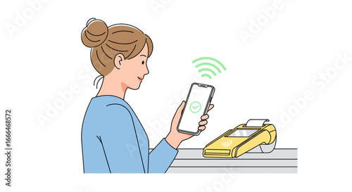 contactless payment illustration vector woman using smartphone terminal technology concept