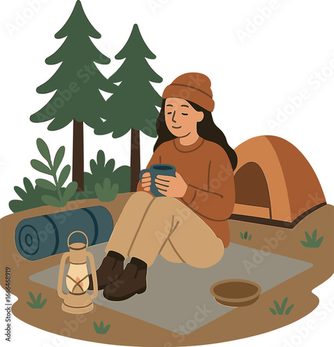 A young female hiker sits on a blanket in the forest, sipping tea from a thermos and basking in the serenity of her natural surroundings