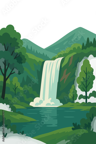 A breathtaking waterfall in a majestic fjord flows gently into a peaceful lake, set against a stunning mountainous backdrop, perfect for nature lovers and travel enthusiasts