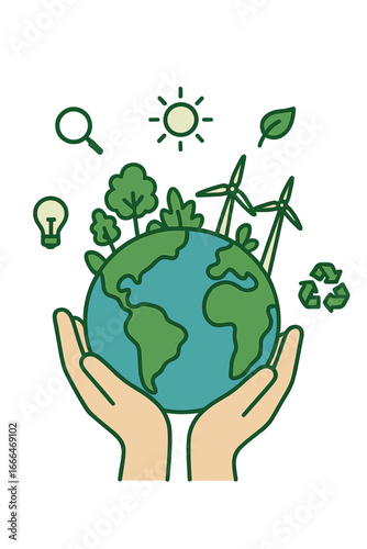 A hand cradles a stylized globe of the Earth, encircled by lush greenery and wind turbines, as water droplets trickle down from it