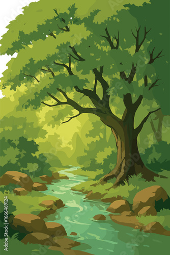 Raios de sol iluminam um lago tranquilo, rodeado por uma floresta luxuriante, criando uma cena idílica que combina vida aquática e vegetação vibrante, capturando a essência mágica da natureza