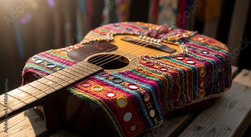 Colorful latin american textile decorating acoustic guitar celebrating hispanic heritage month