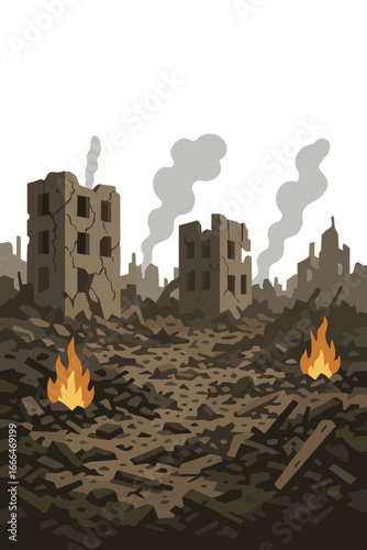 A devastated and abandoned cityscape following a war, with destroyed buildings lining the street, symbolizing the apocalypse, environmental degradation, pollution, and the consequences of global