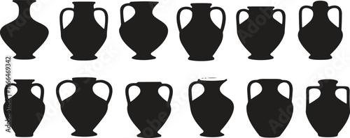 WebAncient amphora vase silhouette set, black pottery icons, historical ceramic shapes, archaeological design, vector illustration, classical art reference