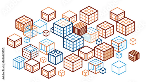Illustration of geometric cubes in shades of blue and brown scattered on a white background