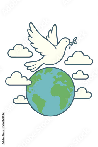 A white dove soaring through the clouds in front of planet Earth symbolizes peace and the safeguarding of the planet, embodying the preservation of the environment and the spirit of Earth Day