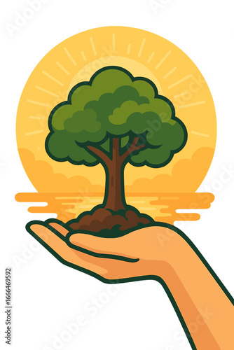 A tree reflected in hands set against a blurred golden bokeh background