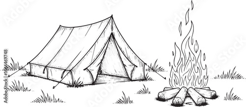 Hand-drawn black and white line art of a classic camping scene with canvas tent, campfire, grass, and minimalist outdoor adventure