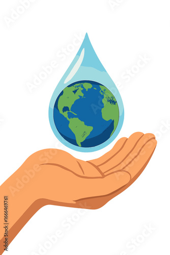 A teardrop-shaped water droplet containing a tiny Earth is carefully supported by two hands, set against a softly focused natural backdrop with sunlight shining through the foliage