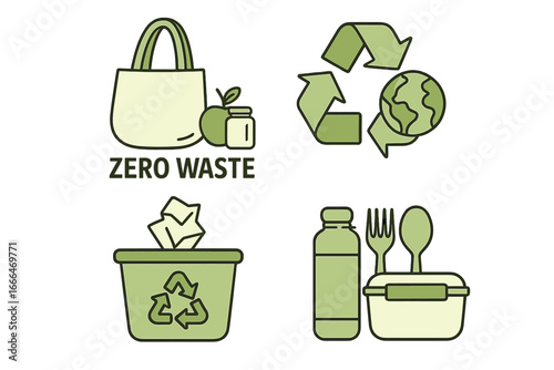 Zero waste lifestyle vector icon set. Sustainable living concepts. Eco-friendly practices like recycling, waste reduction, using reusable bags, bottles, and food containers.