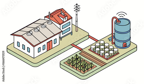 Water Recycling An illustration of a water treatment plant attached to a smart farm where wastewater is processed and reused for irrigation.. Vector illustration
