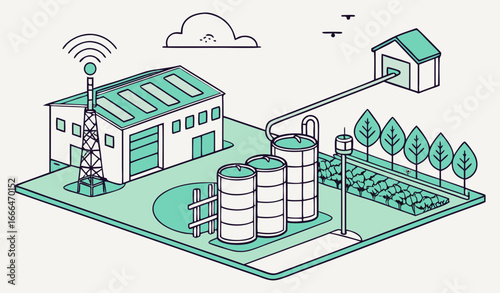 Water Recycling An illustration of a water treatment plant attached to a smart farm where wastewater is processed and reused for irrigation.. Vector illustration