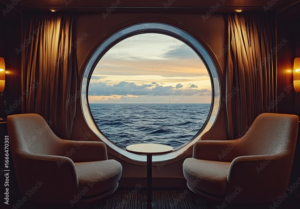 Fototapeta premium Photo of the view from inside an ocean liner's balcony