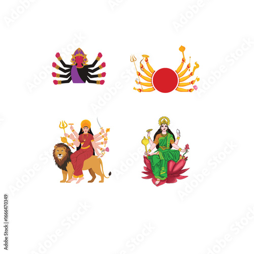 Durga Puja Vector Set – Maa Durga Killing Mahishasura, Goddess on Lion, Traditional Idol Illustration...
