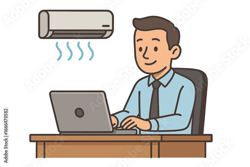 Man working on laptop under air conditioner. Office worker at desk. Comfortable workplace. Climate control system. Cooling air, fresh. Hvac technology. Business concept.