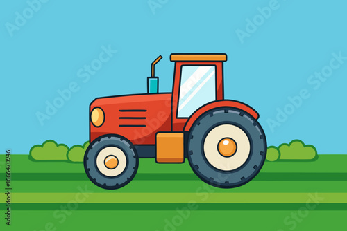 Cartoon Farm Tractor with Field Background Vector