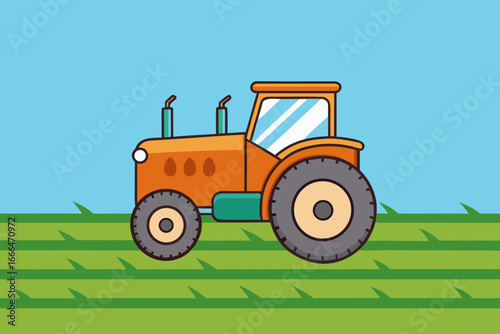 Cartoon Farm Tractor with Field Background Vector