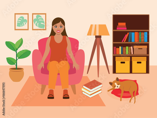 Young happy woman sitting on armchair in living room vector illustration. Smiling girl and cat in the living room vector illustration. Living room in warm colors drawing