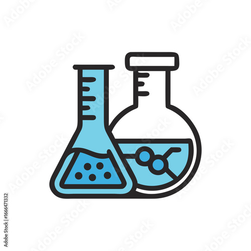 Laboratory flasks with blue liquid and bubbles representing education  