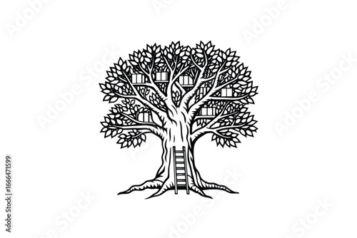 A tree with a ladder and treehouses in the branches is shown here silhouette