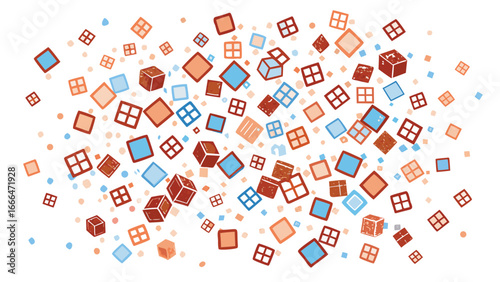 Scattered squares and cubes with window pane patterns in shades of blue and orange on a white background