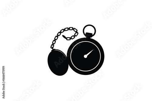 A black pocket watch with a chain on a white background silhouette