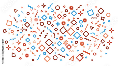 Scattered geometric shapes in shades of brown and blue on a white background creating a pattern
