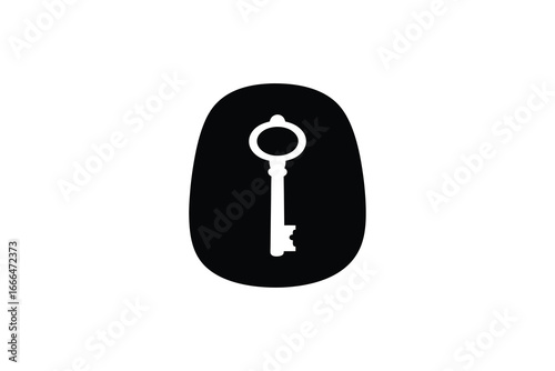 A white key icon on a black oval background with a plain white space silhouette