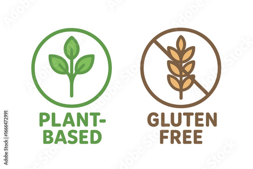 Plant-based and gluten-free vector icon set. Food packaging label symbols. Healthy diet, vegan, and allergen-free product stamps. Line art illustration for dietary needs.