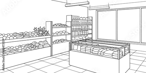 Grocery store shop interior black white graphic sketch illustration vector 