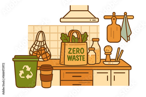 Zero waste lifestyle concept with reusable items in a kitchen. Eco-friendly home interior. Sustainable living, recycling, and conscious consumption vector illustration.