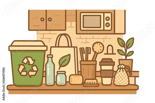 Zero waste lifestyle vector illustration. Sustainable living concept with reusable items. Eco-friendly kitchen with recycling bin, tote bag, glass bottle, bamboo toothbrush.