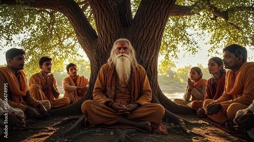 Meditating Guru Surrounded By Disciples Under A Large Tree Warm Sunlight And Earthy Tones