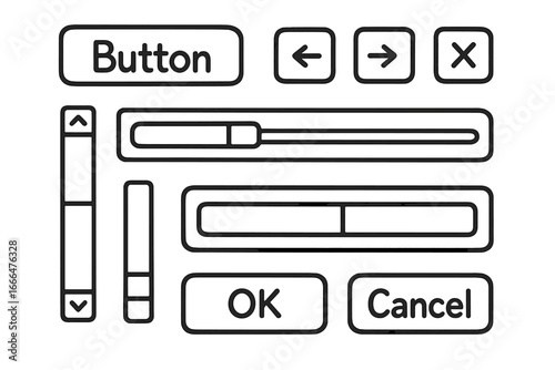 Doodle UI/UX elements set. Hand drawn vector graphic kit for web & app design. Includes button, scroll bar, slider, navigation icons. Wireframe interface component concept.