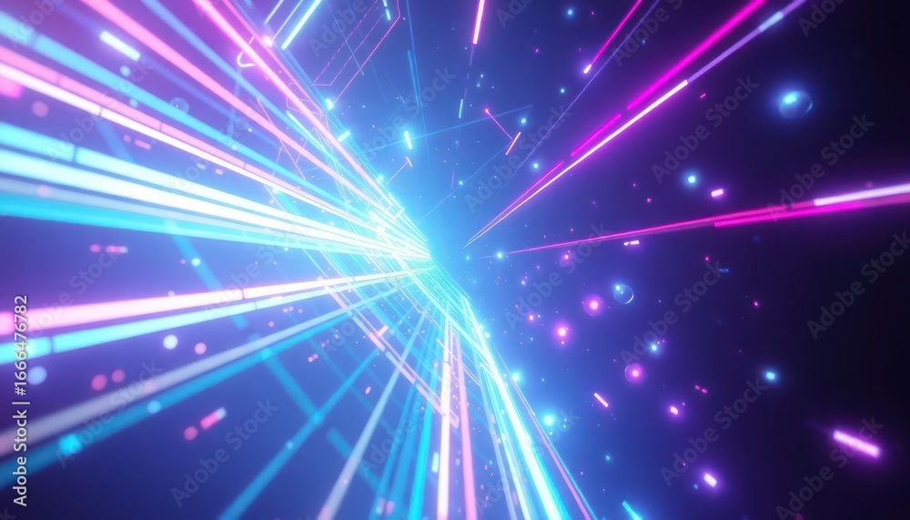 Naklejka premium Futuristic neon light tunnel representing high-speed data flow, digital communication, or advanced technology concepts. Ideal for tech, internet, and abstract designs.