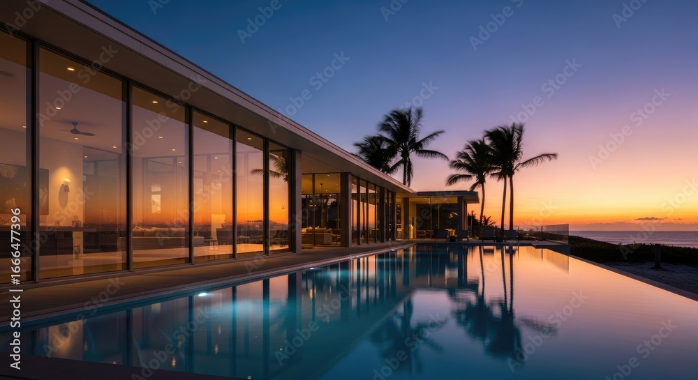 Obraz premium Modern house with pool at sunset tropical vacation destination