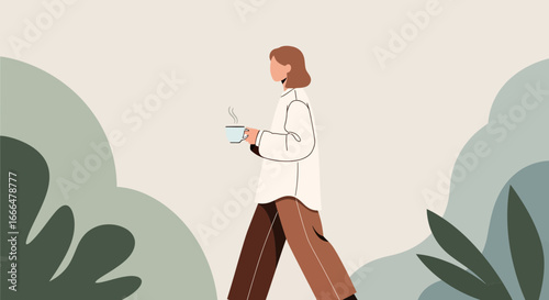 Stylish woman enjoys coffee break strolling through the garden