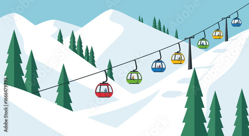 Colorful ski lift cabins ascend snowy mountain slopes gracefully