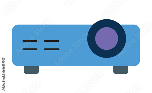 A modern flat design vector illustration of a blue digital projector with a purple lens, used for home or business presentations.