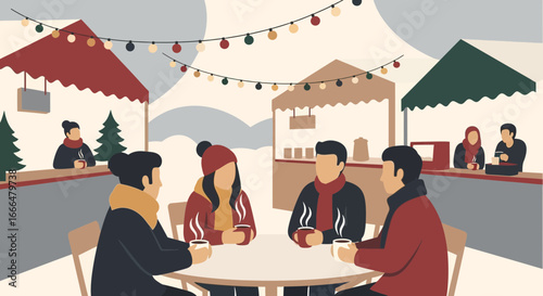 Friends enjoy warm drinks at winter holiday market stall