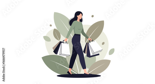 Stylish woman strolling with shopping bags after successful day