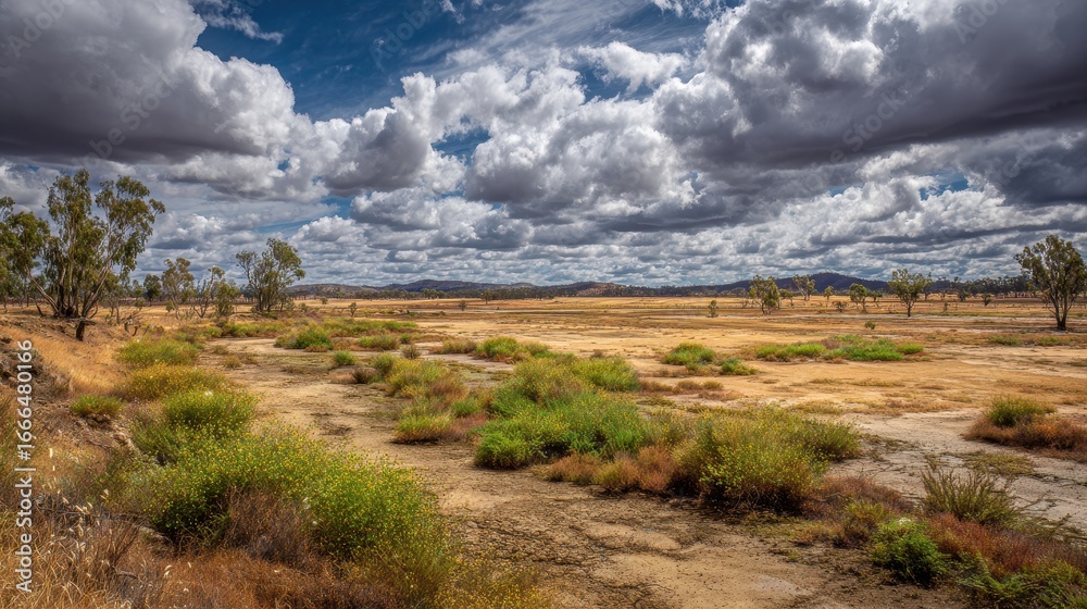 custom made wallpaper toronto digitalDry Land Arid landscape scene, foreground greenery, cloudy sky backdrop, usage article